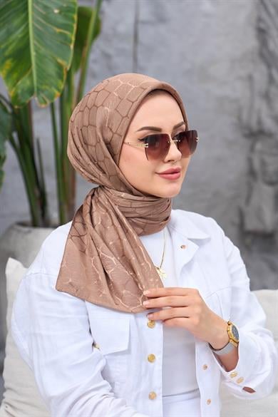 Sütlü Kahve Taş Desen İpeksi Jakar Eşarp
