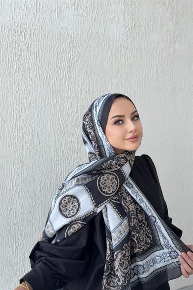 Versac Desen Vual İpek Şal Siyah & Vizon