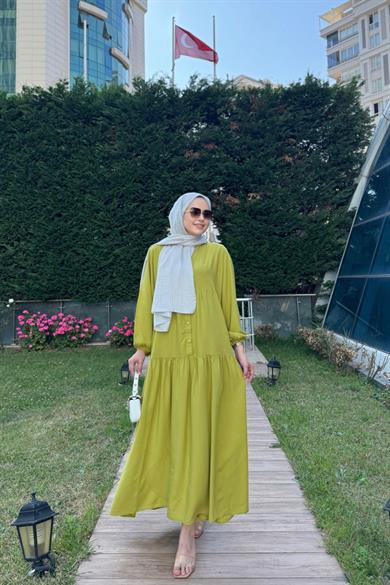 Viskon Elbise Linda Yağ Yeşili