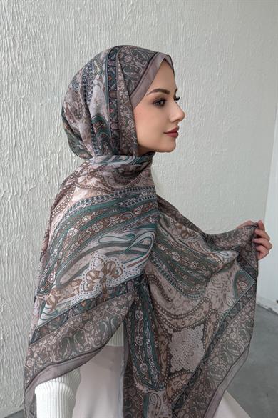 Vizon & Yeşil Şazeli Bohem Modal İpek Şal