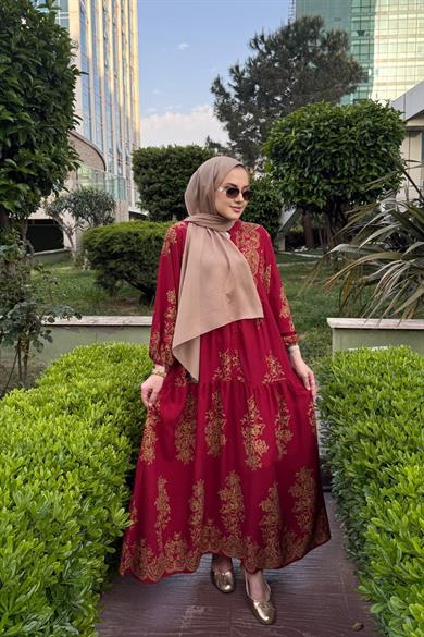 Vuslat Viskon Elbise Bordo