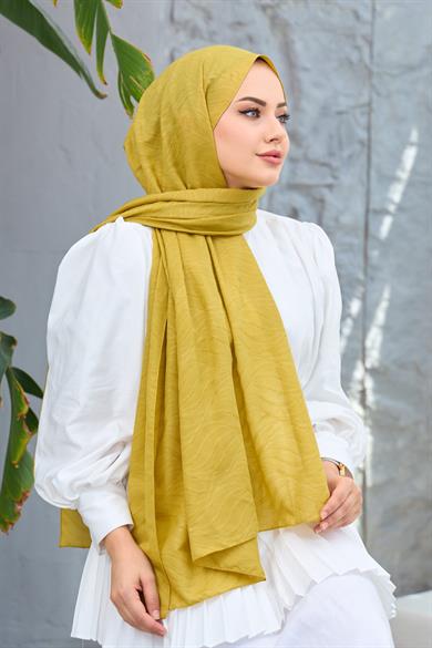 Yağ Yeşili Kendinden Desenli Fresh Şal