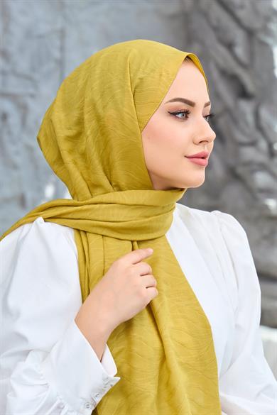 Yağ Yeşili Kendinden Desenli Fresh Şal