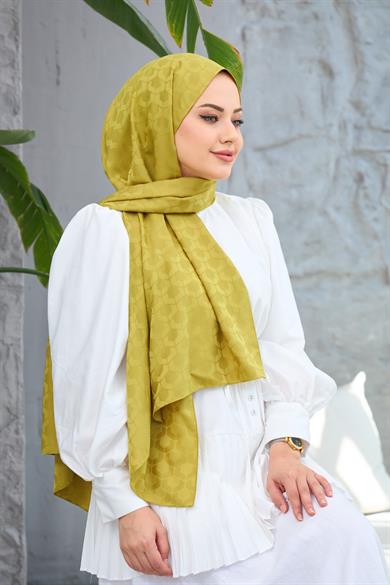 Yağ Yeşili Mozaik Desen İpeksi Jakar Şal