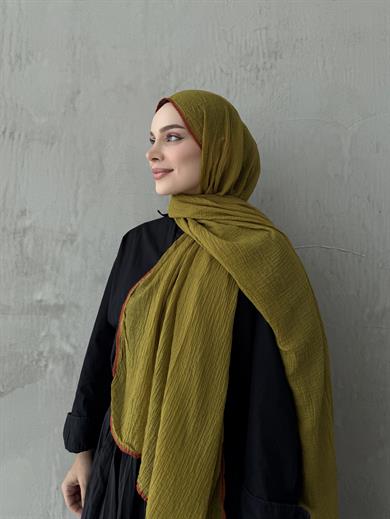 Yağ Yeşili Müslin Biyeli Şal 