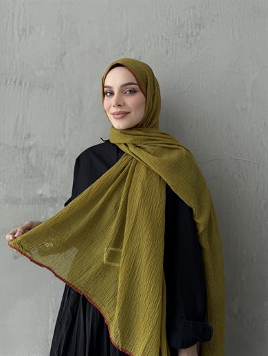 Yağ Yeşili Müslin Biyeli Şal 