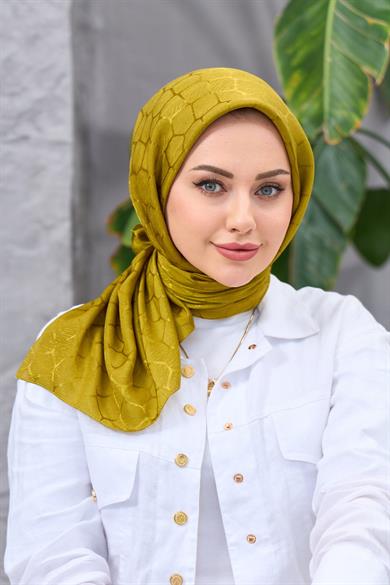 Yağ Yeşili Taş Desen İpeksi Jakar Eşarp