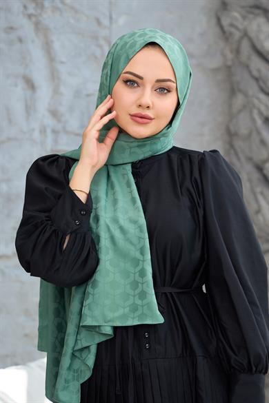 Yeşil Mozaik Desen İpeksi Jakar Şal