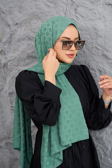 Yeşil Mozaik Desen İpeksi Jakar Şal