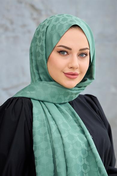 Yeşil Mozaik Desen İpeksi Jakar Şal