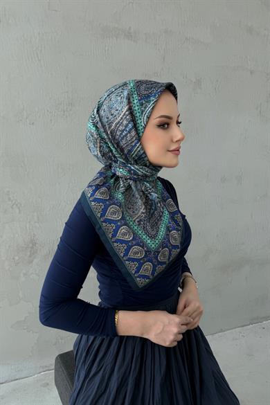 Yeşil&Lacivert Elvin Bohem Modal İpek Eşarp