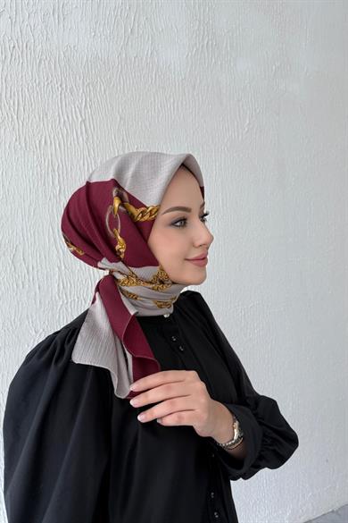 Zincir Desen Naturel Eşarp Bordo