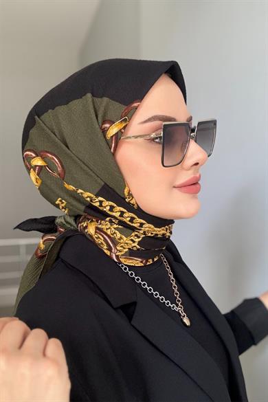 Zincir Desen Naturel Eşarp Haki