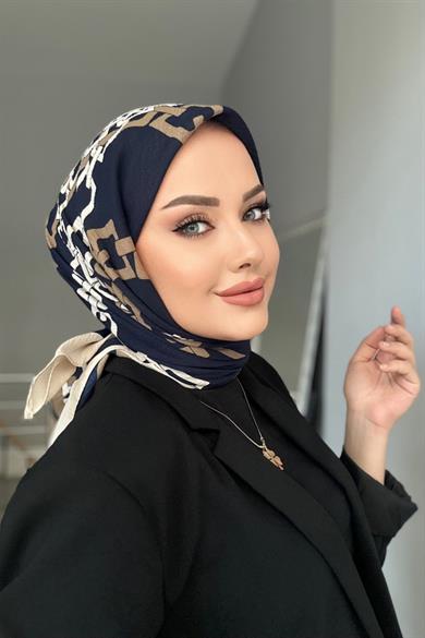 Zincir Desen Naturel Eşarp Lacivert Vizon