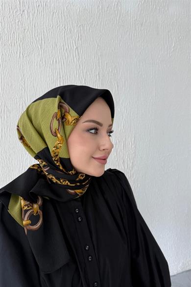 Zincir Desen Naturel Eşarp Yağ Yeşili