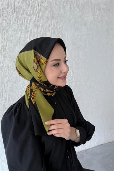 Zincir Desen Naturel Eşarp Yağ Yeşili
