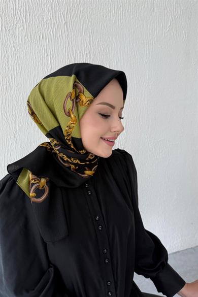 Zincir Desen Naturel Eşarp Yağ Yeşili