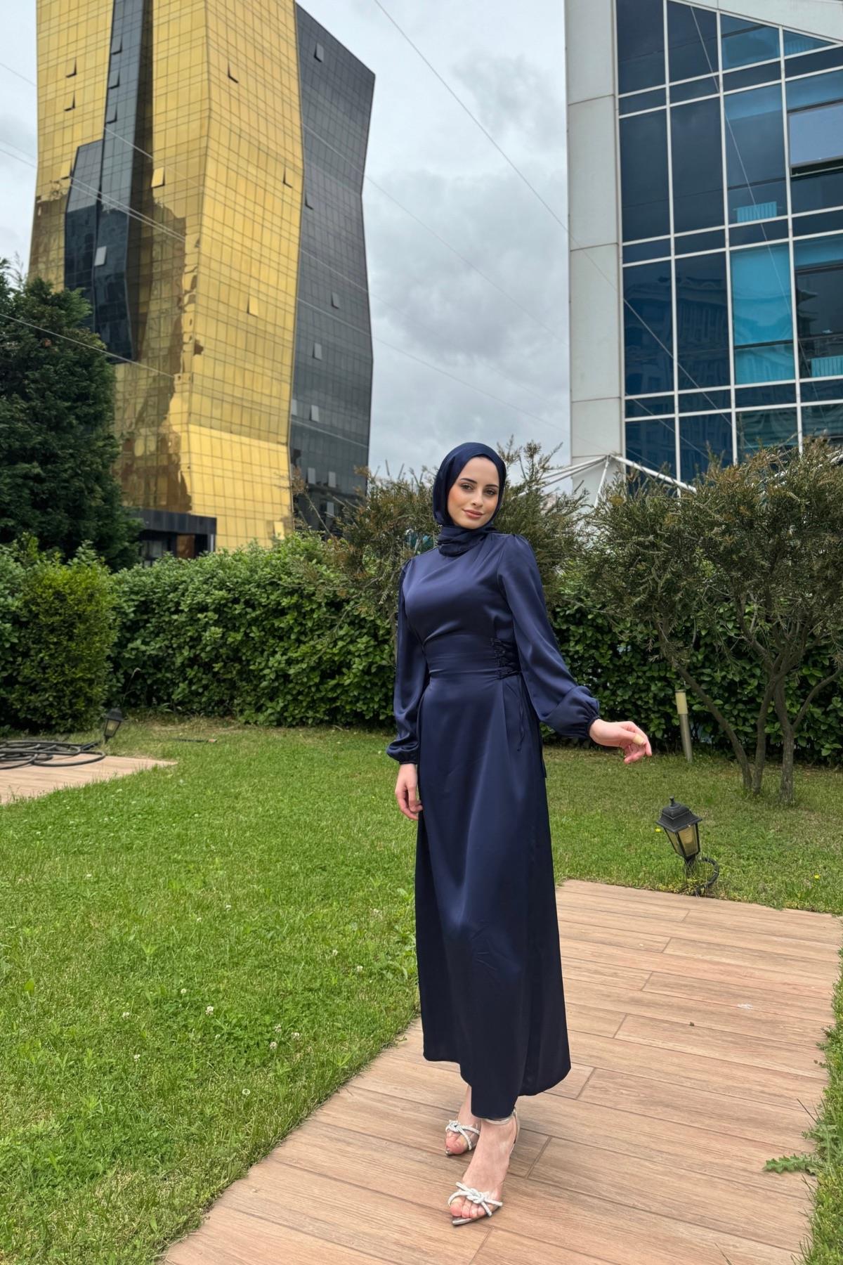 Satin Hijab Evening Dress with Waist Tie Detail, Navy Blue
