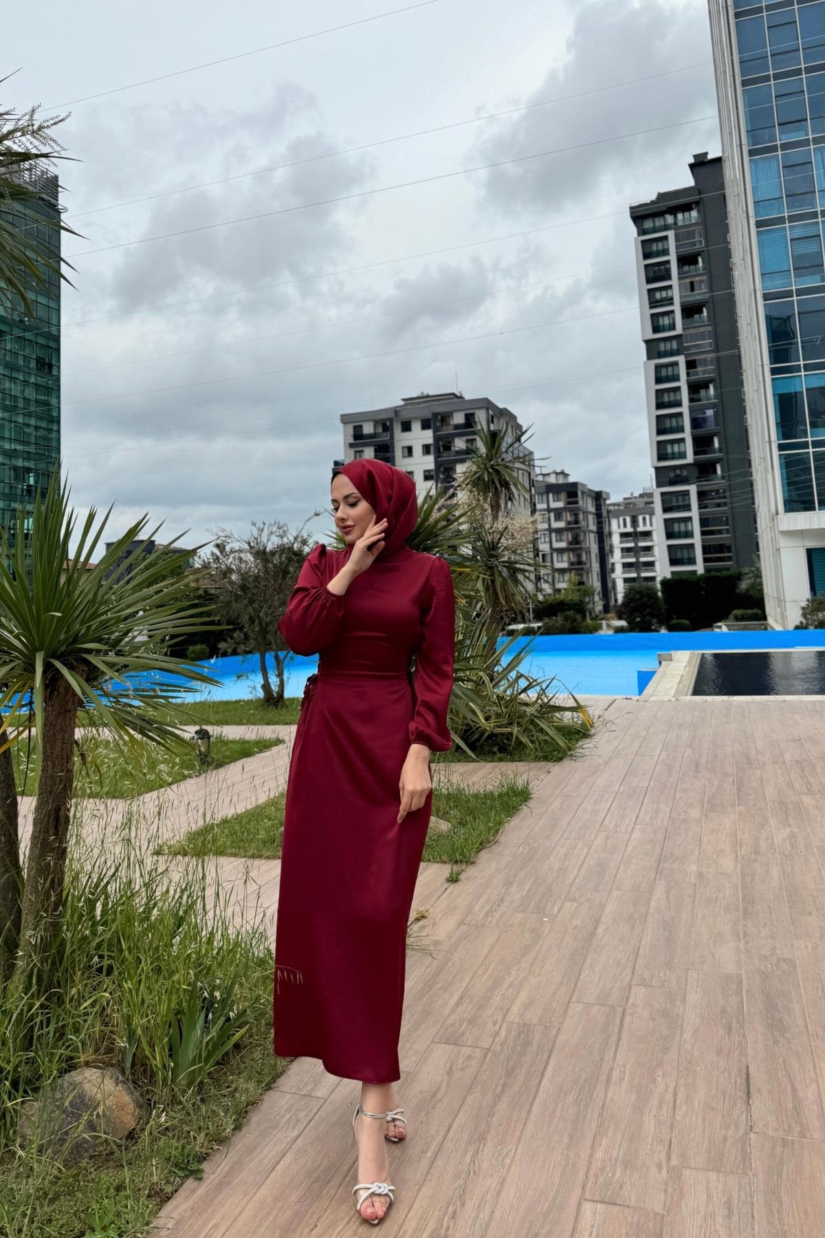 Waist Tie Detailed Satin Hijab Evening Dress Claret Red