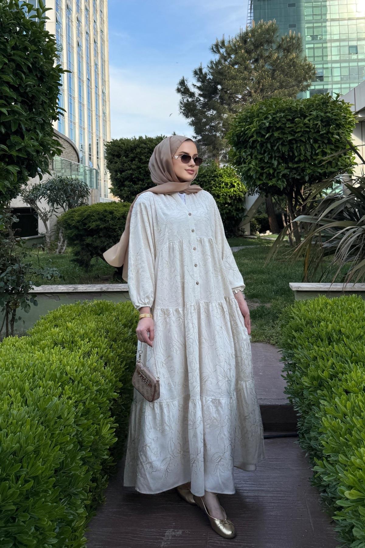 Bella Nakışlı Premium Keten Elbise