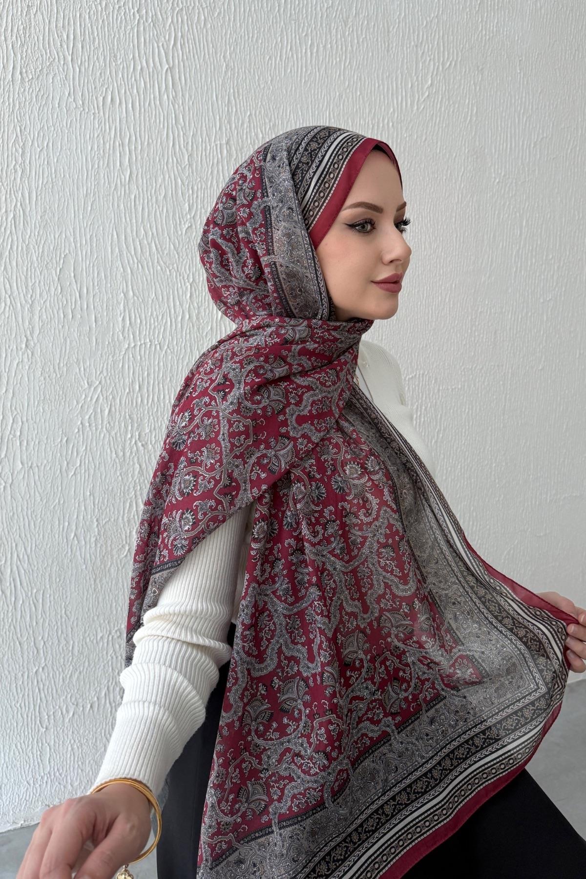 Bordo Bohem Modal İpek Şal  