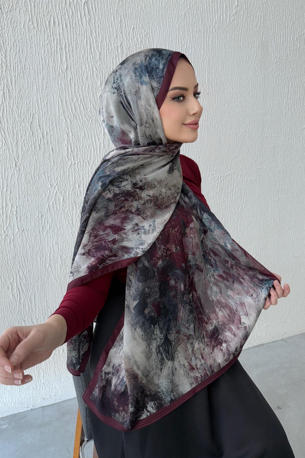 Bordo Larina Kumlu İpek Şal 