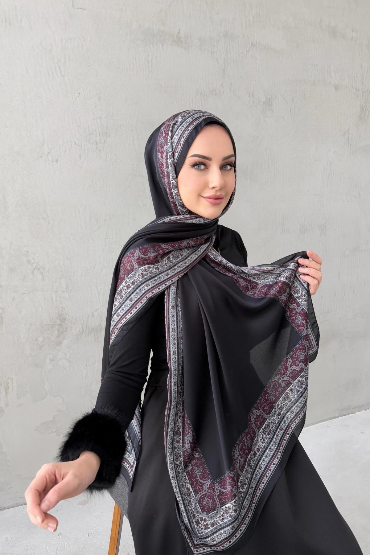 Bordo&Siyah Bohem Kumlu İpek Şal 