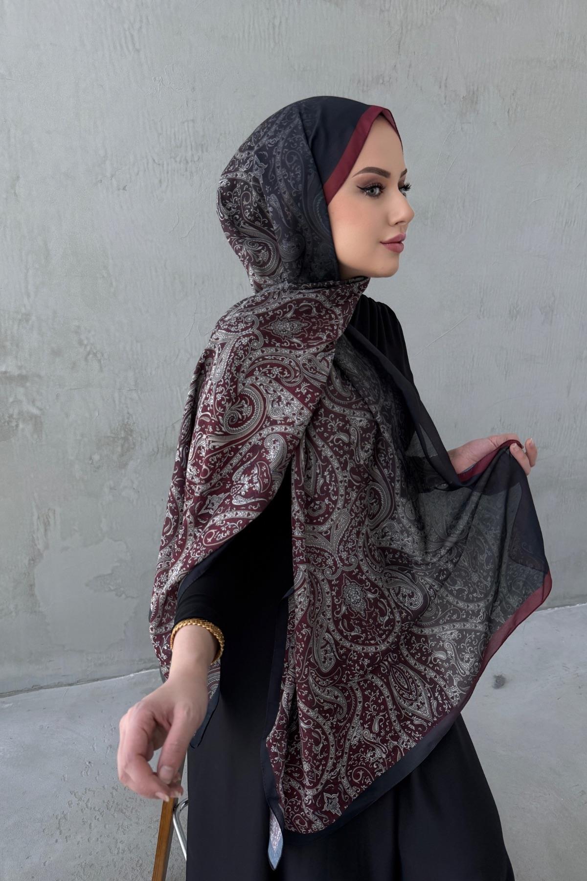 Bordo&Siyah Hare Bohem Modal İpek Şal