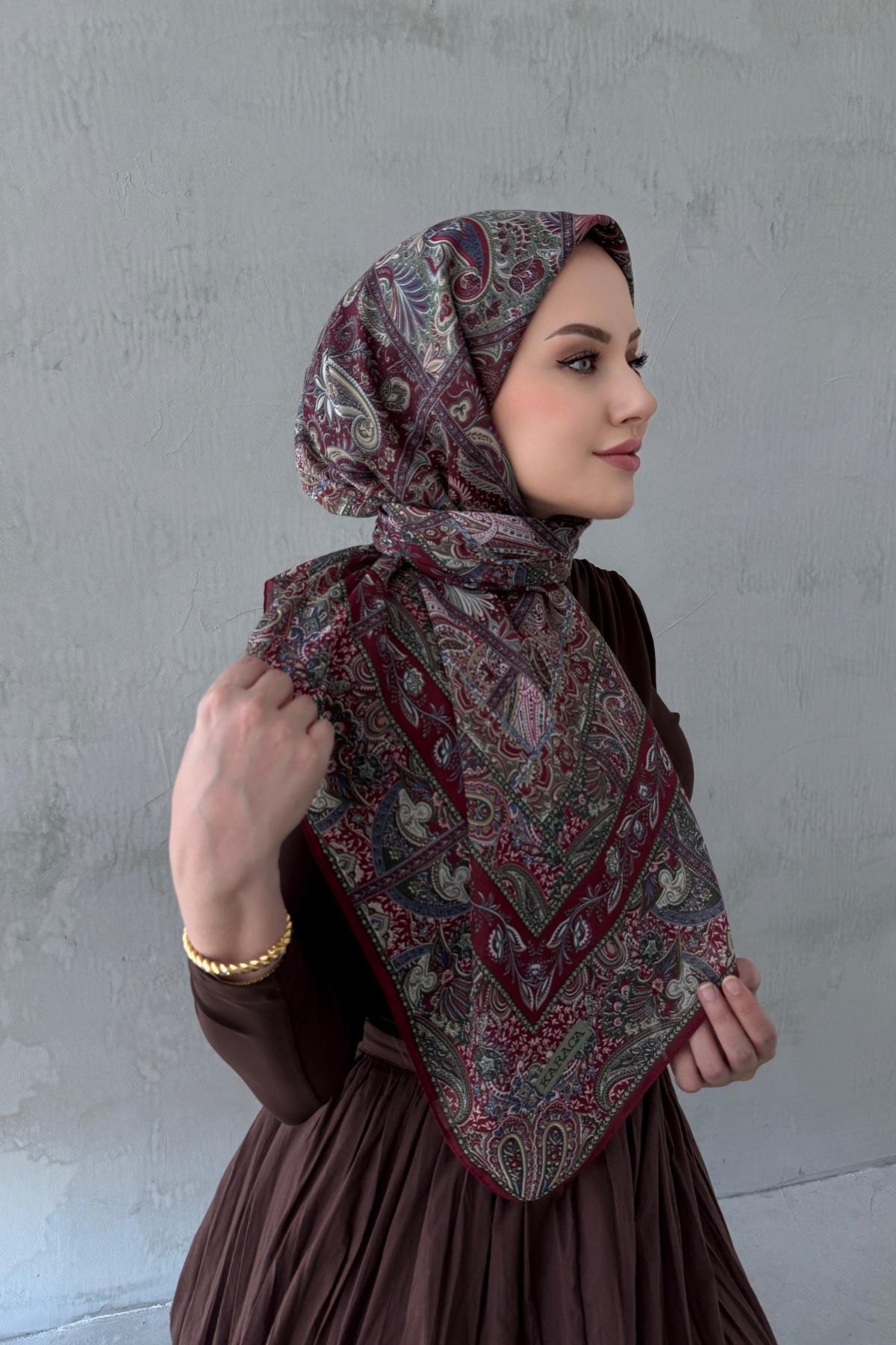 Bordo&Yeşil Bohem Modal İpek Şaleşarp