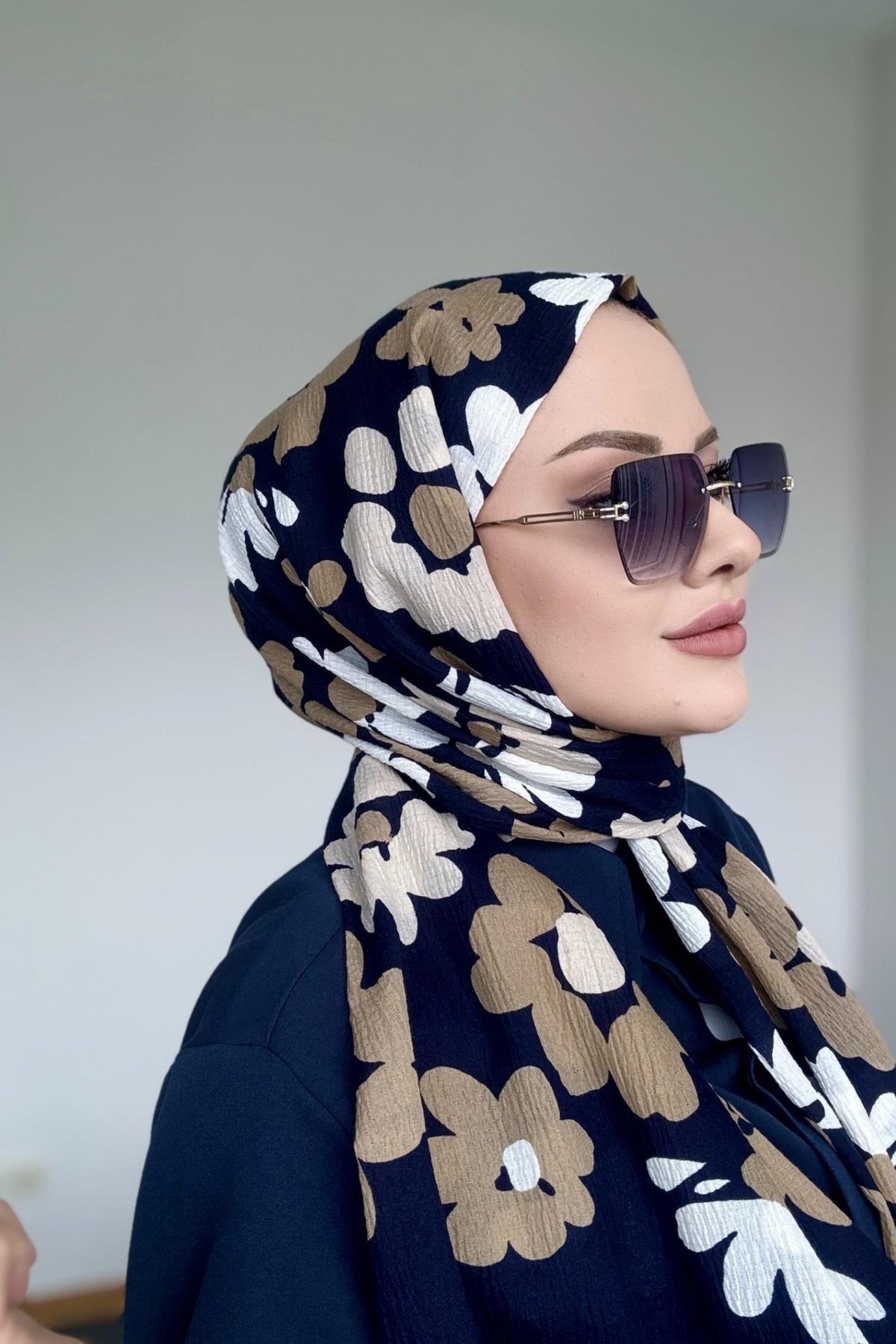 Çiçek Desen Naturel Şal Lacivert