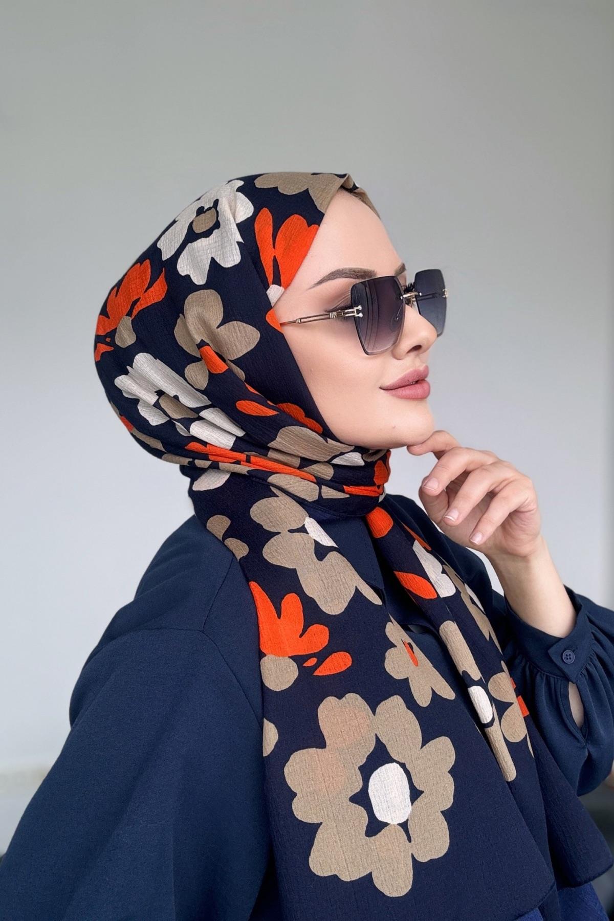 Çiçek Desen Naturel Şal Lacivert Turuncu