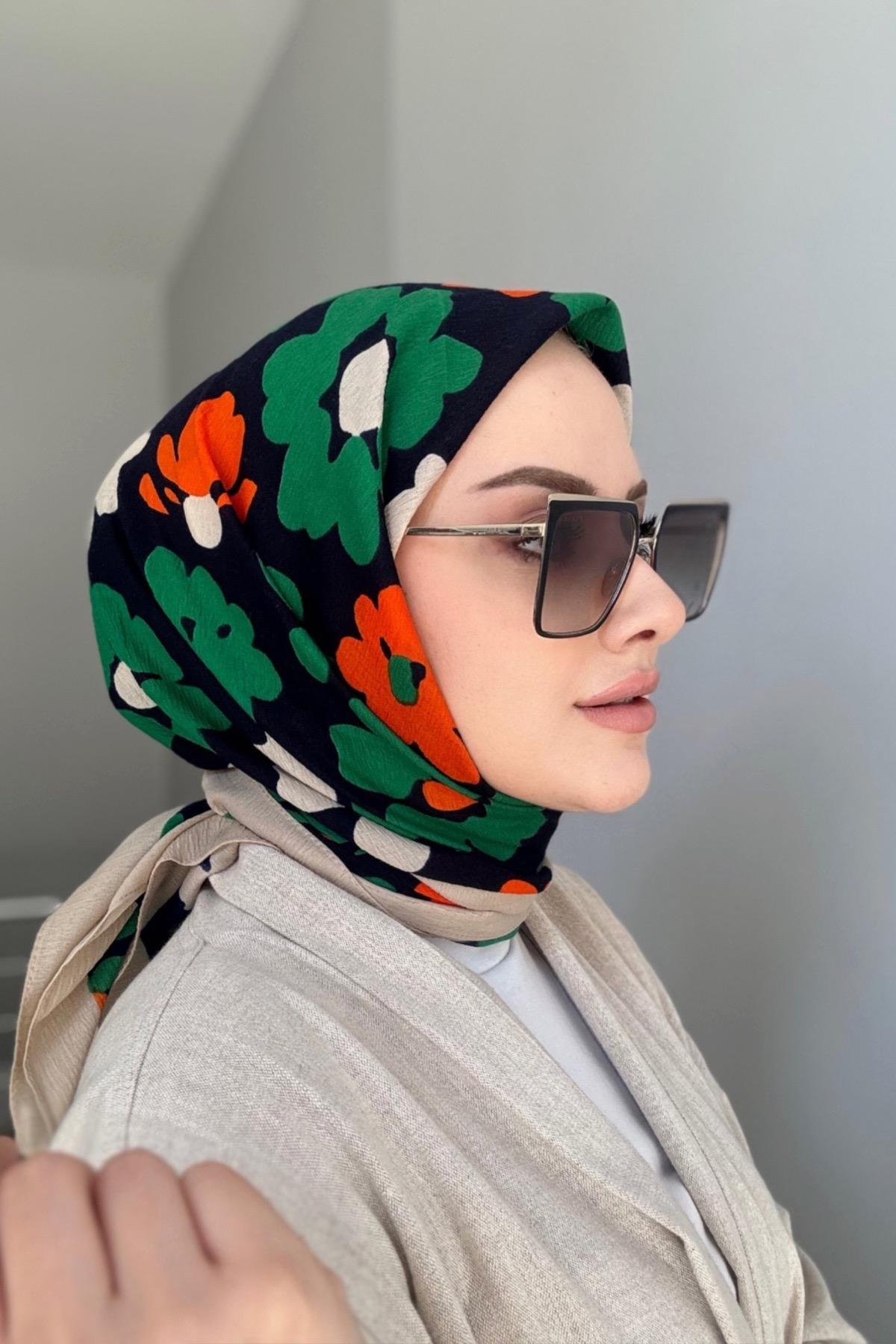 Çiçek Naturel Eşarp Lacivert Turuncu