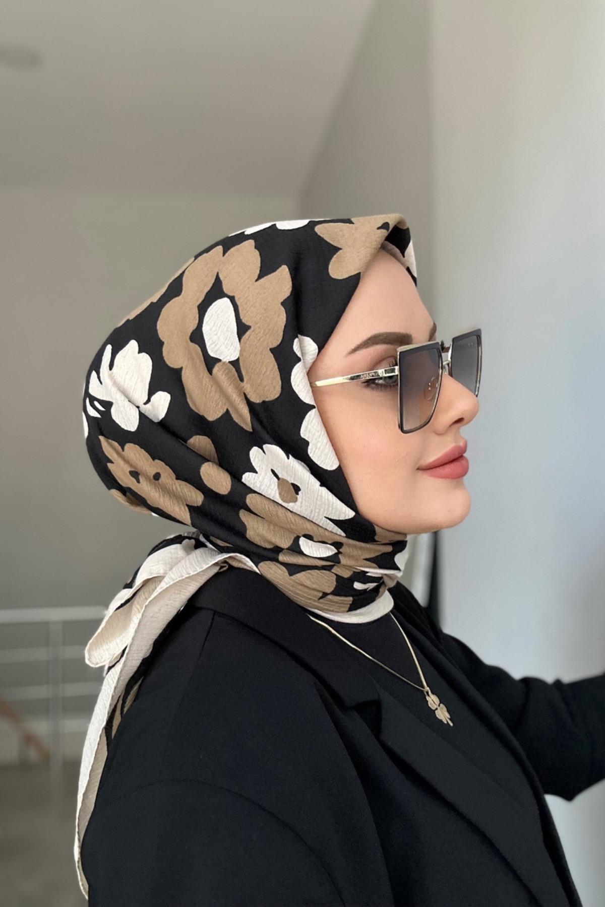 Çiçek Naturel Eşarp Siyah