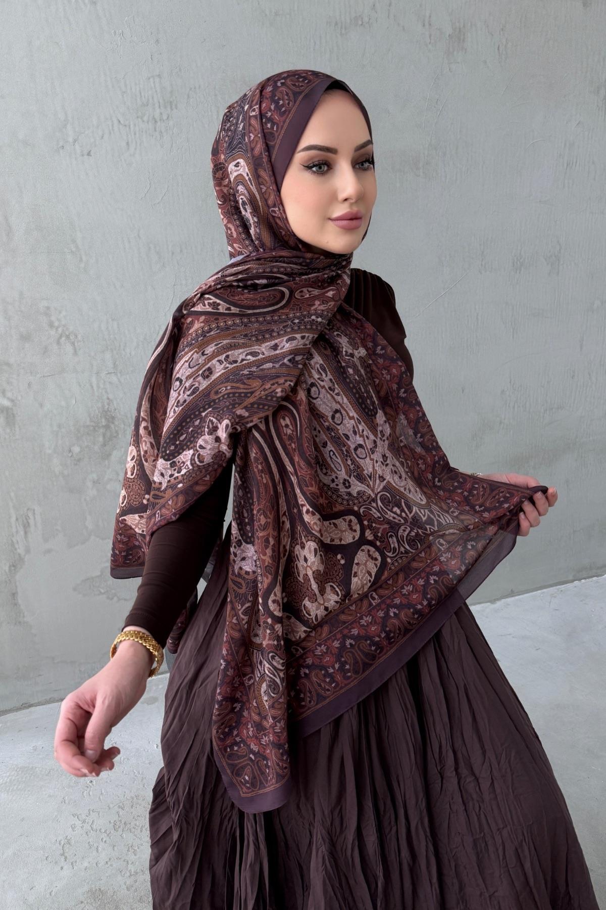 Çikolata Şazeli Bohem Modal İpek Şal