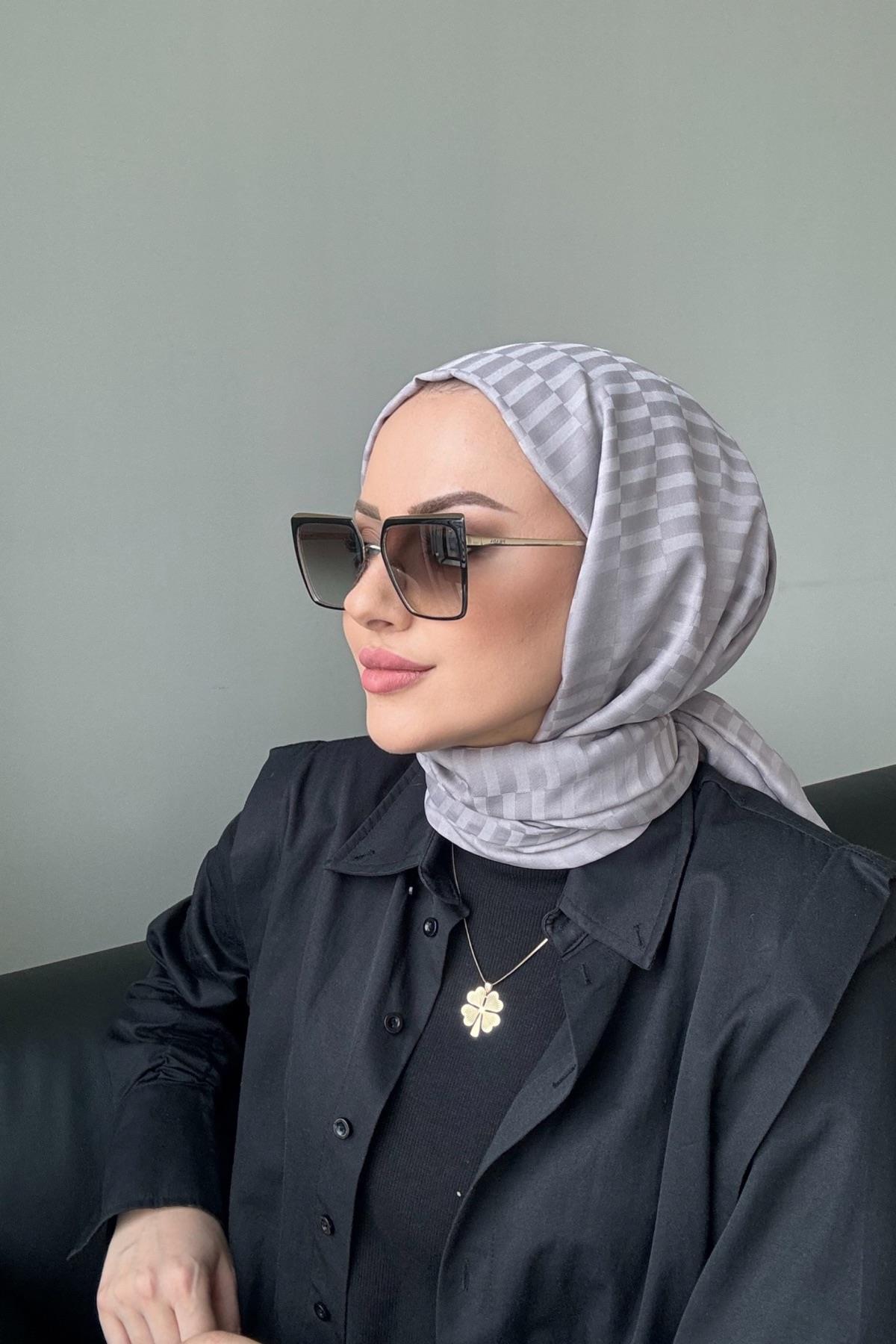 Çizgi Desen İpeksi Jakar Şal Açık Gri