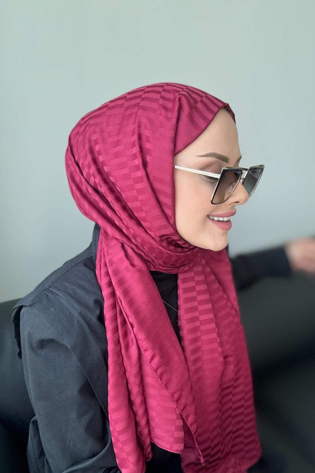 Çizgi Desen İpeksi Jakar Şal Bordo