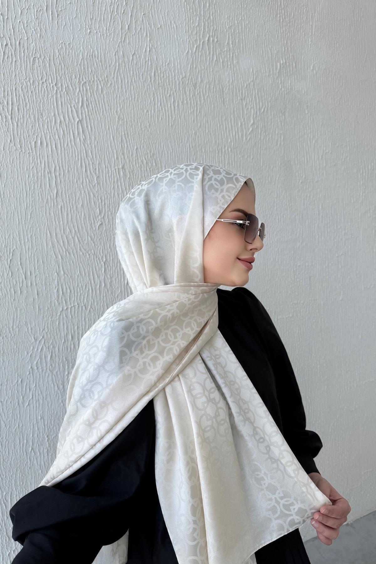 Ekru Geometrik Jakar Şal