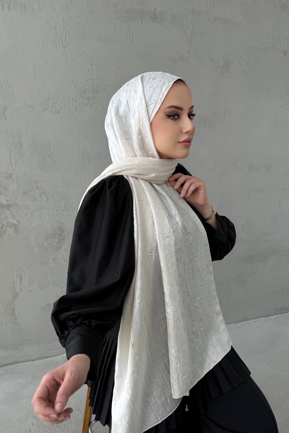 Ekru Vual İpek Crash Şal