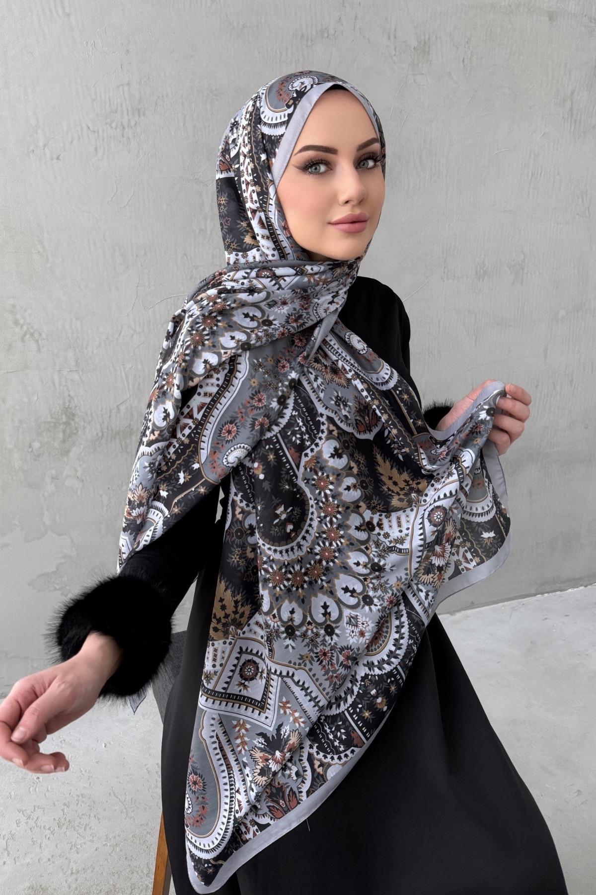 Gri Alya Bohem Modal İpek Şal