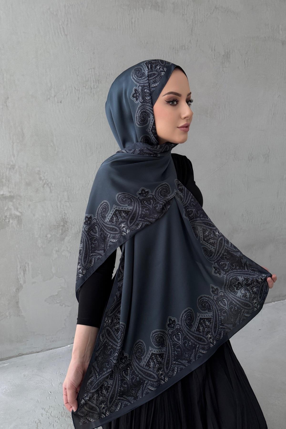 Gri Rozalie Bohem Kumlu İpek Şal 