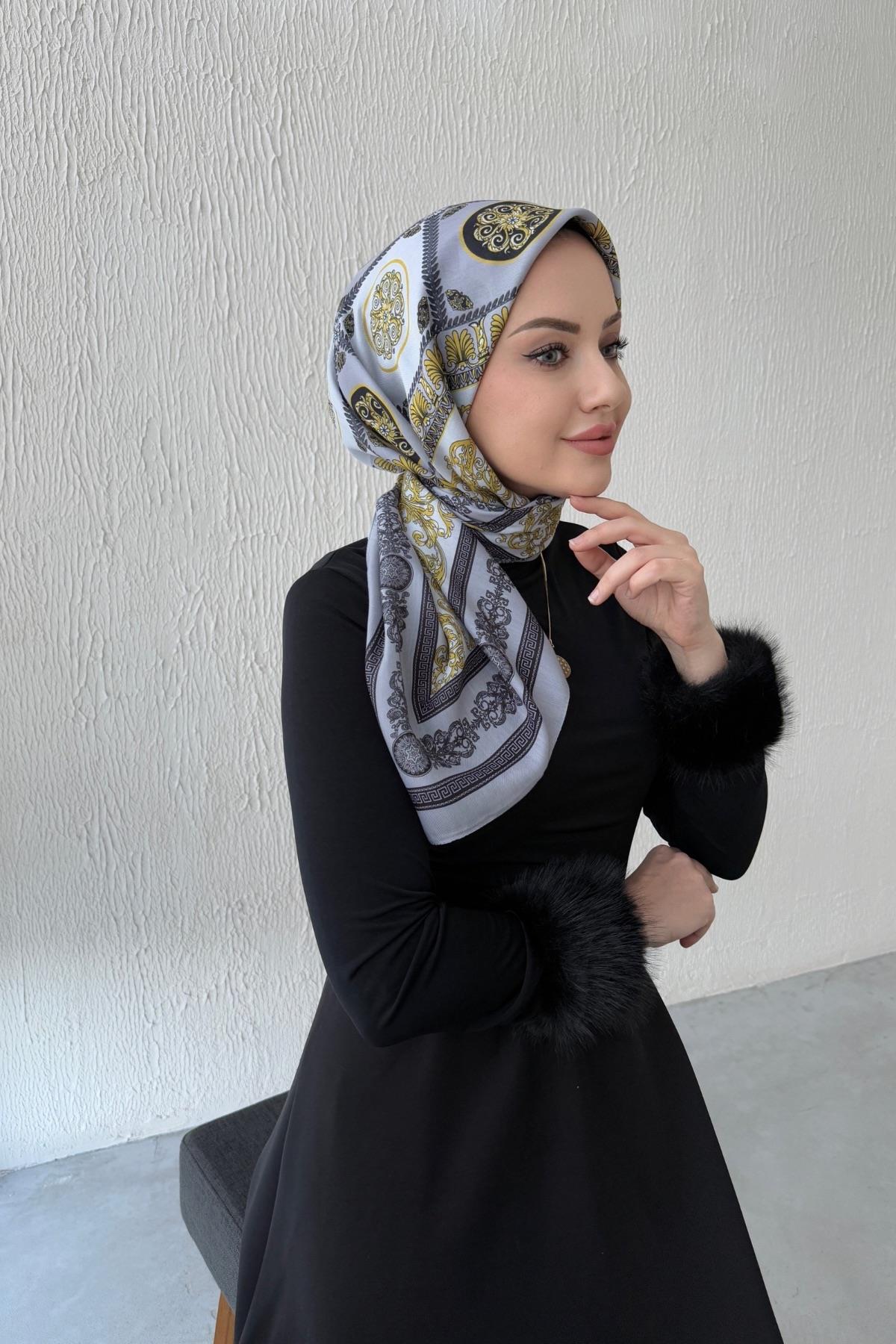 Gri Versac Desen Dijital Soft Eşarp