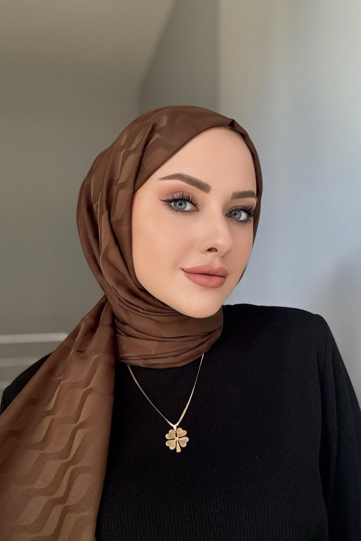 Brown Patterned Silky Jacquard Shawl