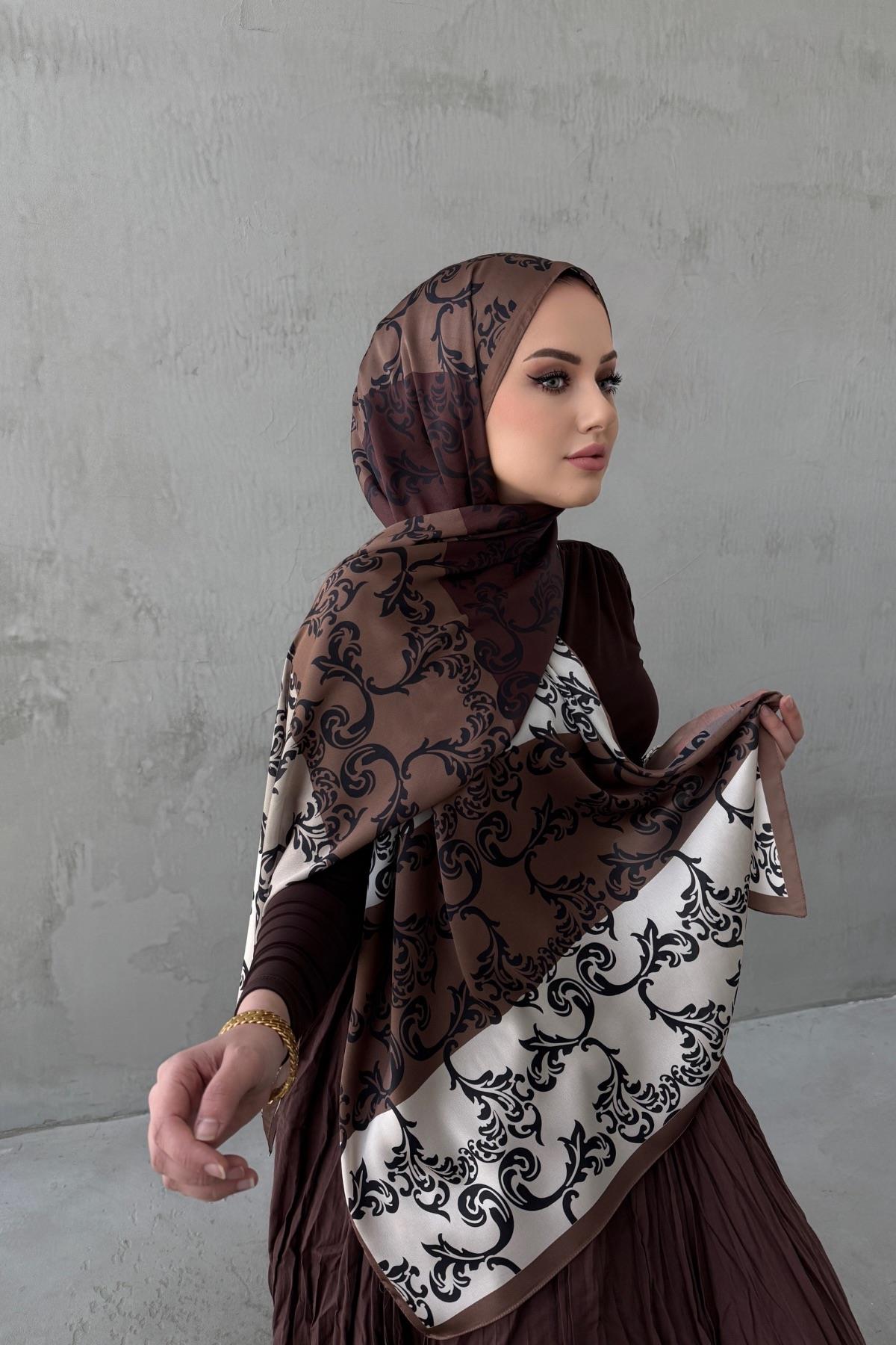 Kahverengi Almira Bohem Kumlu İpek Şal