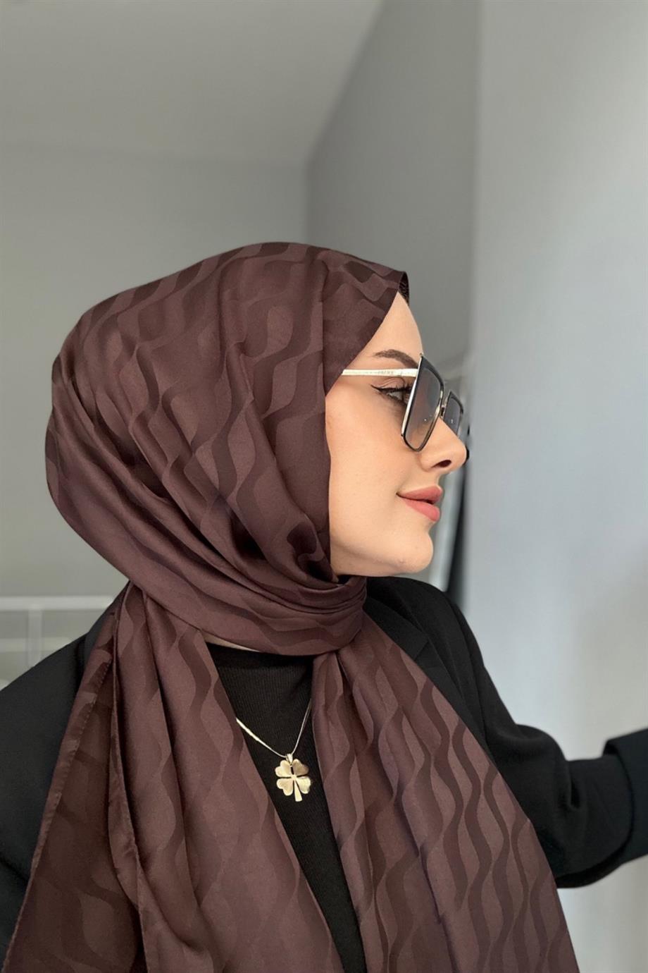 Kahverengi Desenli İpeksi Jakar Şal 