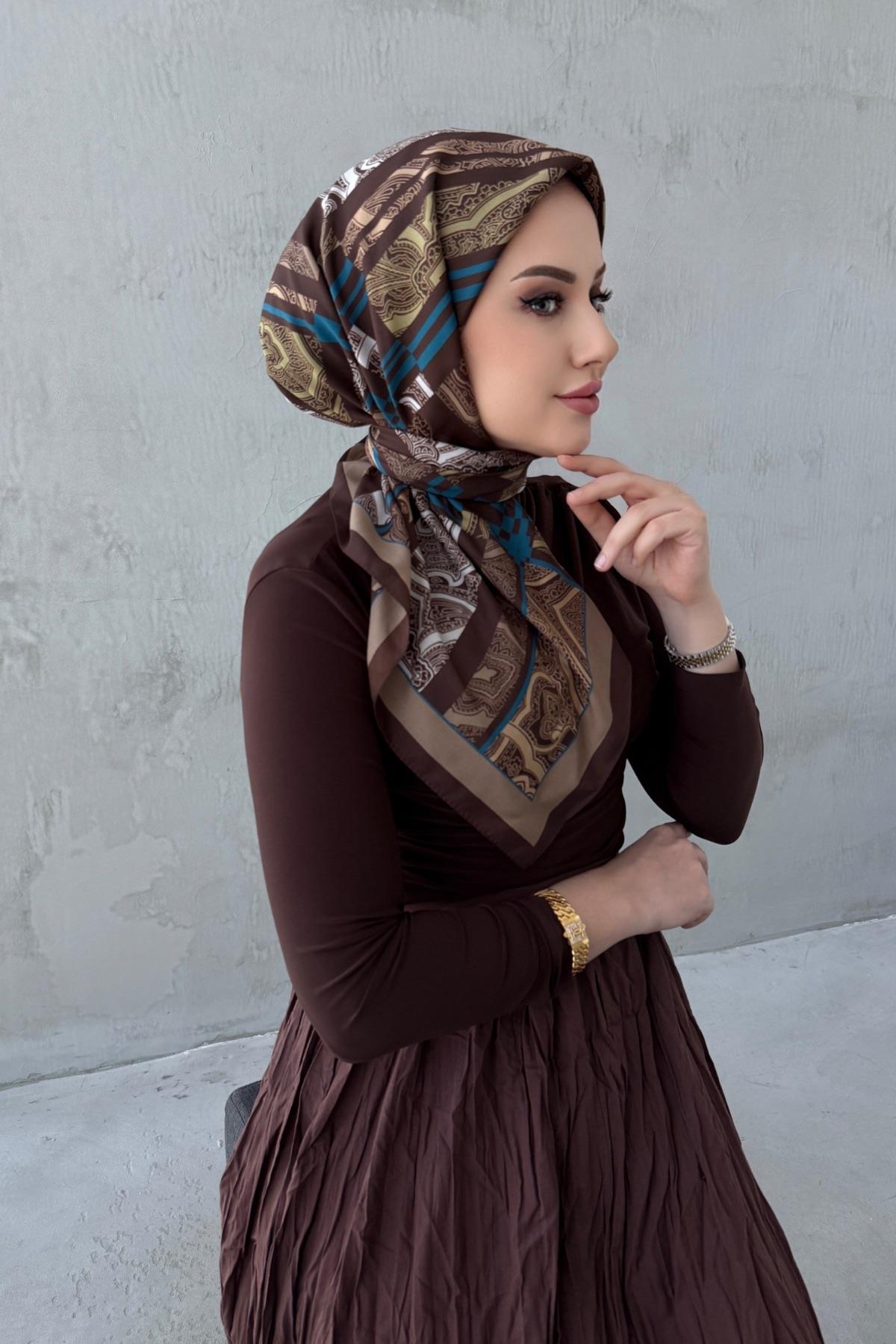 Kahverengi Kardelen Bohem Modal İpek Eşarp