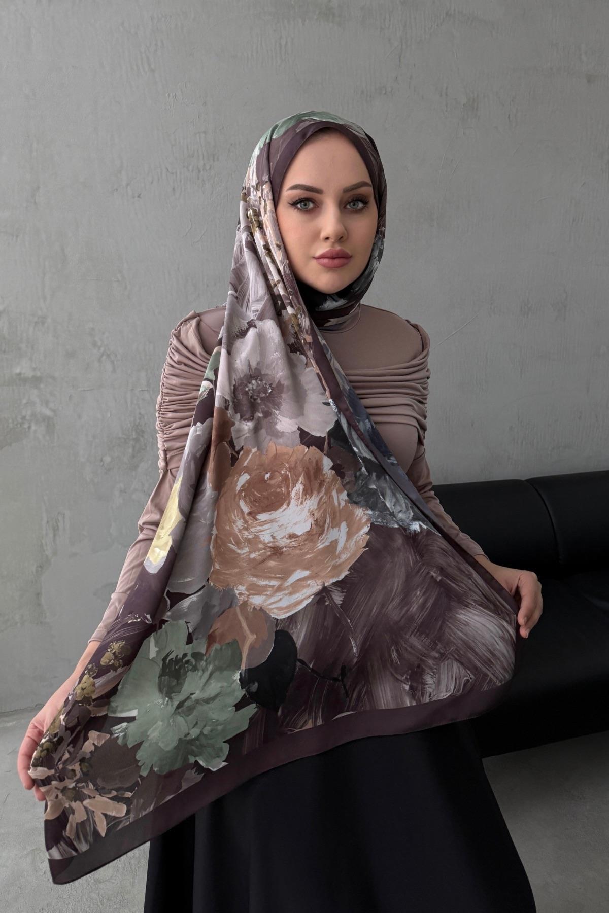 Kahverengi Lara Kumlu İpek Şal 