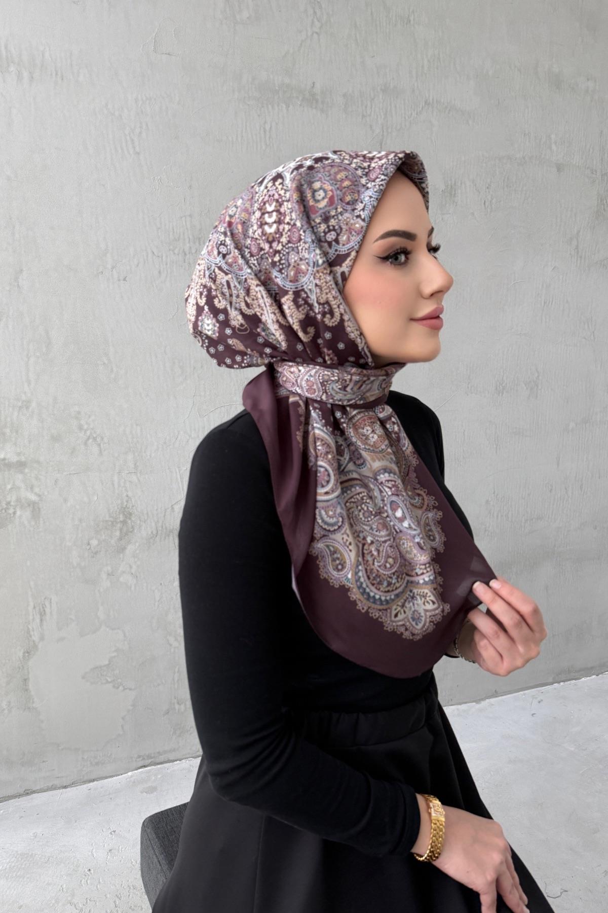 Kahverengi Mira Bohem Modal İpek Eşarp