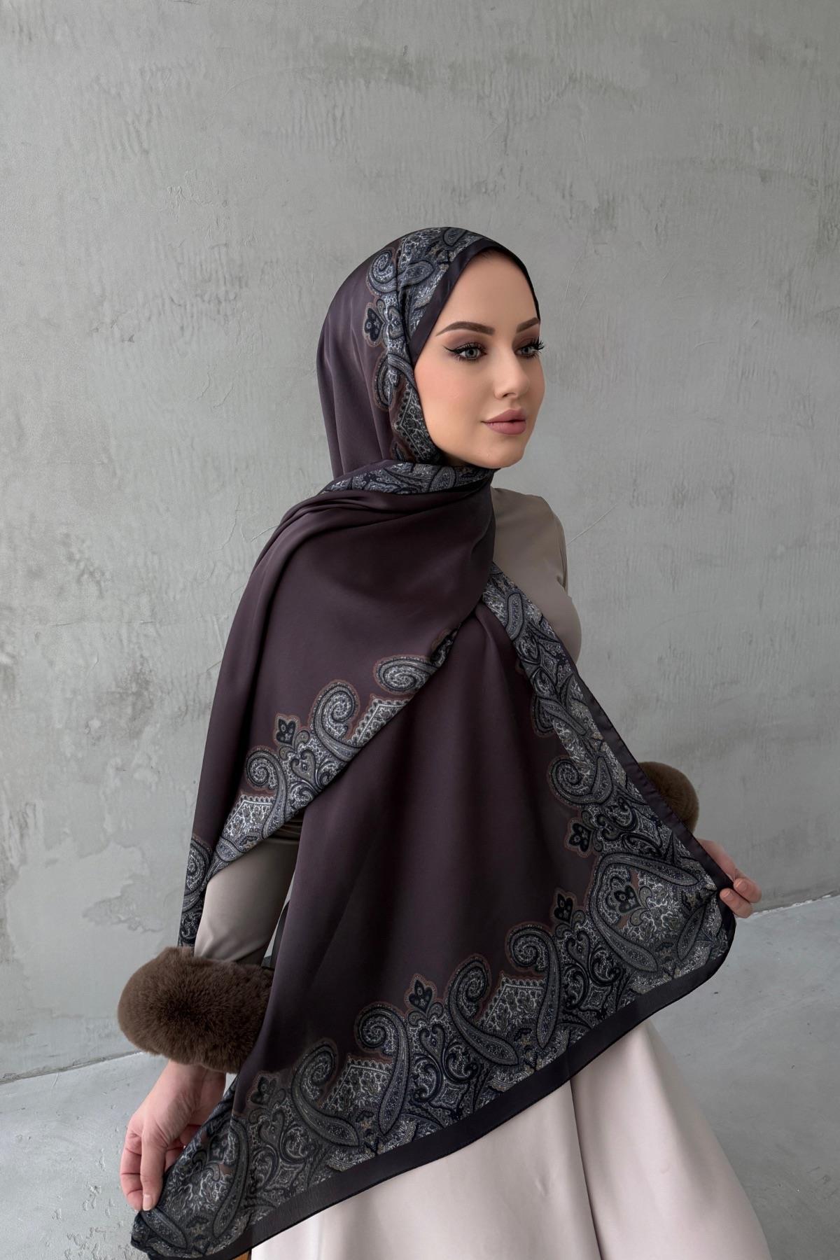 Kahverengi Rozalie Bohem Kumlu İpek Şal 