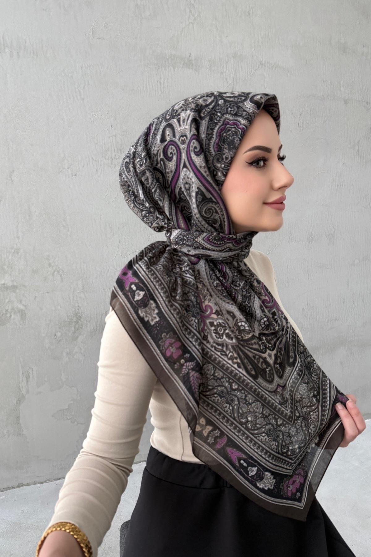 Kahverengi&Mor Mihri Bohem Modal İpek Şaleşarp