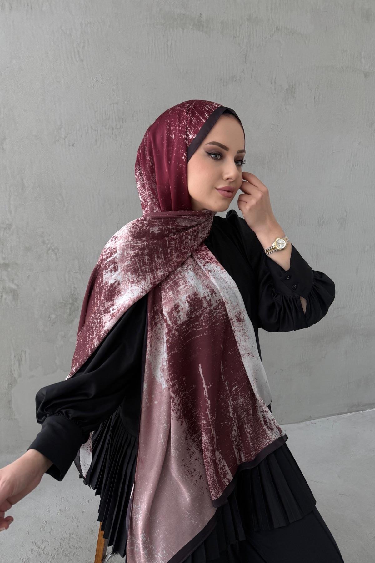 Koyu Bordo Piraye Bohem Kumlu İpek Şal